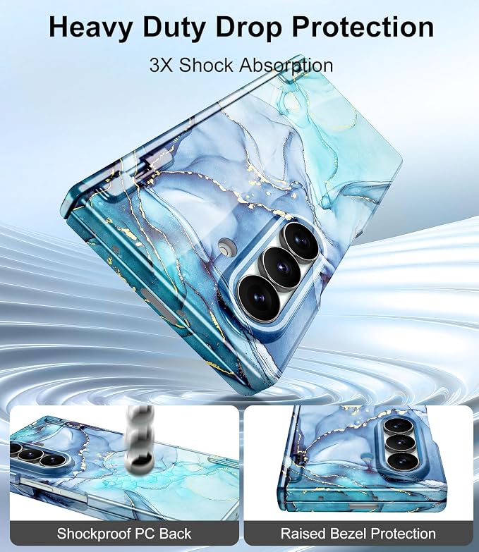 Btscase for Samsung Galaxy Z Fold 7 Case,Built in Front Screen Protector,Gold Glitter Marble Pattern Hard PC Slim Shockproof Full Body Drop Protective Case for Galaxy Z Fold 7 5G, Blue Cyan