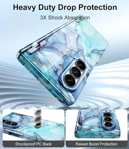 Btscase for Samsung Galaxy Z Fold 7 Case,Built in Front Screen Protector,Gold Glitter Marble Pattern Hard PC Slim Shockproof Full Body Drop Protective Case for Galaxy Z Fold 7 5G, Blue Cyan