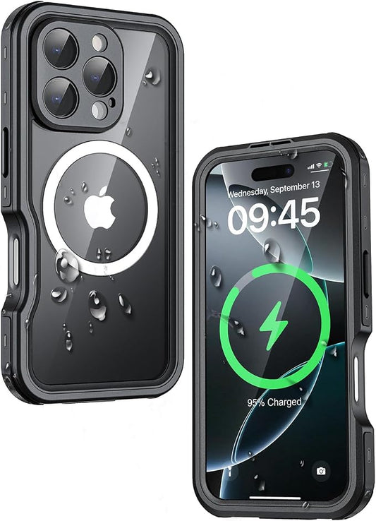 Waterproof Phone Case for iPhone 16 Pro Max, [Compatible with Magsafe] [IP68 Underwater] [Built-in Screen Protector & Glass Camera Protector] Full Body Shockproof Cover with Lanyard Black/Clear