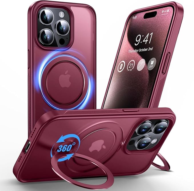 Anqrp 360° All-in-ONE Stand Case for iPhone 15 Pro with Rotatable Magnetic Kickstand Ring Holder, Compatible with MagSafe, MIL-Grade Shockproof iPhone 15 Pro Phone Case Cover 6.1" Red