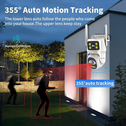 Dual Lens Cameras for Home Security,2.4G/5G PTZ Outdoor Plug-in Camera,Motion Tracking,Night Vision,24/7 Continous Recording,Work With NVR/DVR Surveillance System,Weather Proof,SD/Cloud Storage