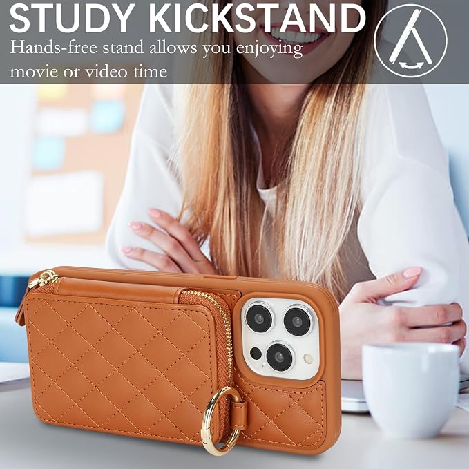 Crossbody Wallet Case for iPhone 14 Pro Max, PU Leather Zipper Handbag Purse Flip Cover, Kickstand Folio Case with Card Slots Holder Wrist Strap Lanyard 5G 6.7 Inch-Brown