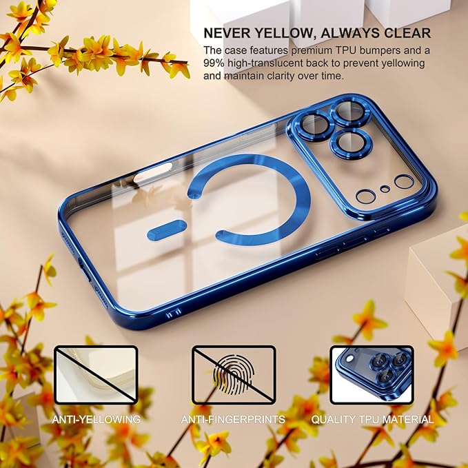 Misea Magnetic for iPhone 17 Pro Max Case Compatible with MagSafe [Never Yellowing] [Military Grade Drop Protection] Full Camera Lens Protector Plating Soft Clear Phone Case for Women, Deep Blue
