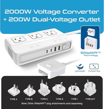 Ceptics 220v to 110v Converter for Travel, 2000W Voltage Converter US to Europe with 3 AC outlets, 4 USB Ports (2X USB-C) and 6 SWadAPt attachments