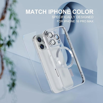 Misea Magnetic for iPhone 16 Pro Max Case Compatible with MagSafe [Never Yellowing] [Military Grade Drop Protection] Full Camera Lens Protector Plating Soft Clear Phone Case for Women 6.9", Silver