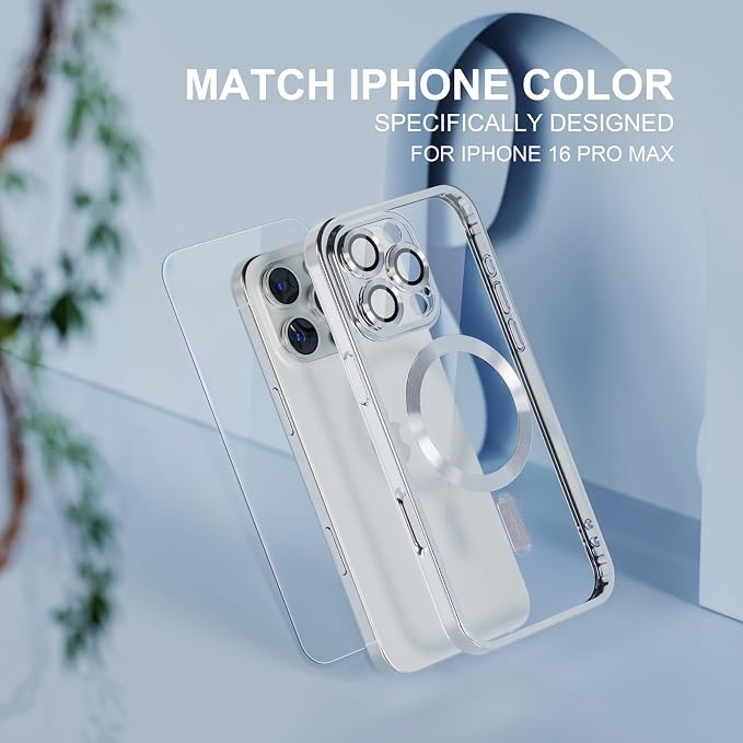 Misea Magnetic for iPhone 16 Pro Max Case Compatible with MagSafe [Never Yellowing] [Military Grade Drop Protection] Full Camera Lens Protector Plating Soft Clear Phone Case for Women 6.9", Silver