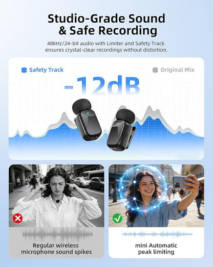 Mini Wireless Lavalier Microphone for iPhone Android Camera, Dual Channel Wireless Microphones with AI Noise Cancellation, 328ft Range, 36H Battery Case, Type-C, Lightning & USB Plug & Play