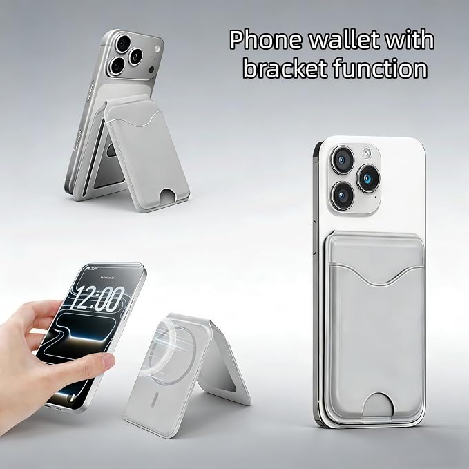 Upgraded for Magsafe Wallet, Strong Magnetic Phone Wallet with Adjustable Stand, Built in Makeup Mirror, 5 Card Holder, RFID Blocking (Grey Fold)