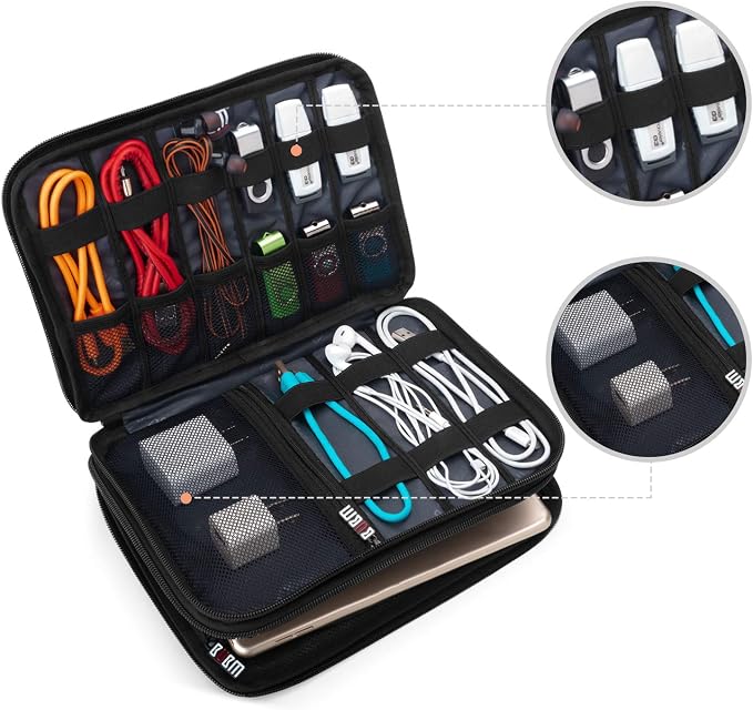 BUBM Double Layer Electronic Accessories Organizer, Travel Gear Bag for Cables, USB Flash Drive, Plug and More, Perfect Size Fits for iPad Mini (Medium, Blue) | Travel Gadget Bag for Cables, USB Flash Drive, Plug and More, Perfect Size Fits for iPad Mini