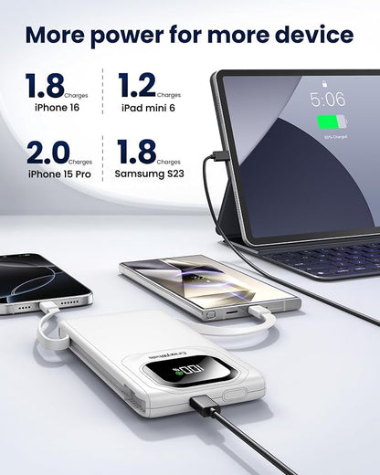 Portable Charger with Built-in Cables,22.5W Super Fast Charging Power Bank Slim Phone Charger,10000mAh Travel Battery Pack Battery Bank with Smart LED Display for iPhone, Android & USB-C