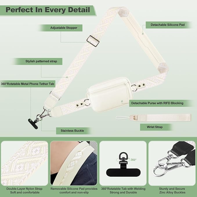 YFWE Clip and Go Strap for Phone with Wallet Crossbody, Adjustable Phone Lanyard with Detachable RFID Wristlet Wallet, Pattern Strap, Cream (M)
