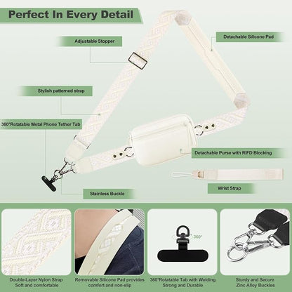 YFWE Clip and Go Strap for Phone with Wallet Crossbody, Adjustable Phone Lanyard with Detachable RFID Wristlet Wallet, Pattern Strap, Cream (M)