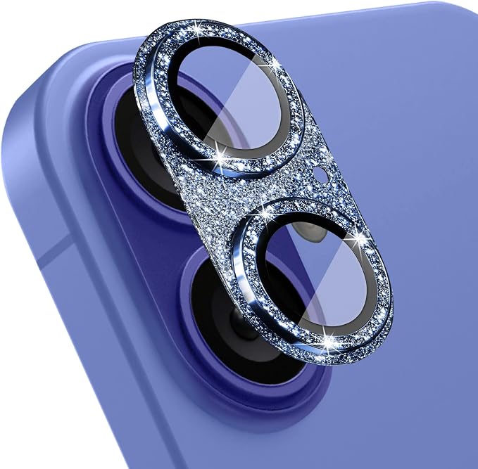 Camera Lens Protector for iPhone 16/iPhone 16 Plus, Bling Glitter Camera Cover with 9H Tempered Glass Metal Ring, Anti-Scratch Lens Protector for iPhone 16/iPhone 16 Plus (Glitter - Blue)