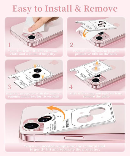 GolbinBox Camera Lens Protector for iPhone 15/15 Plus, 1:1 Invisible Fit, 9H Tempered Glass Ultra HD Metal Individual Camera Cover for Women, Case Friendly, Bling/Pink