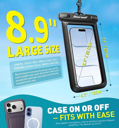 Hiearcool Waterproof Phone Pouch, Waterproof Beach Bag Compatible for iPhone 17 16 15 14 13 Pro Max, IPX8 Cellphone Travel Essentials for Beach -Black & Sky Blue-2Pack