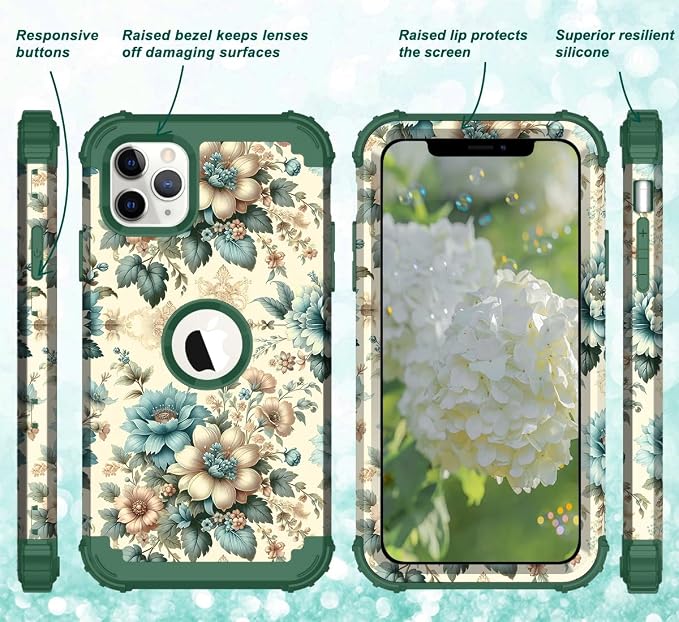 Hocase for iPhone 11 Pro Max Case, Heavy Duty Shockproof Protection Soft Silicone Rubber Bumper+Hard Plastic Hybrid Protective Case for iPhone 11 Pro Max (6.5" Display) 2019 - Teal Blue Flowers