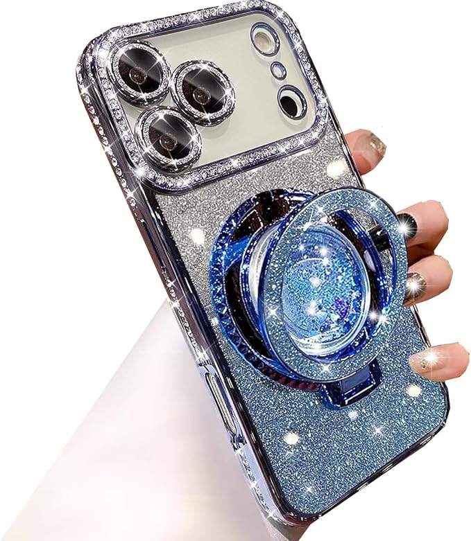 Glitter Kickstand Case for iPhone 17 Pro Max,Cute Bling Sparkly Diamond Rhinestones with Camera Lens Protector Liquid Flowing Ring Stand TPU Bumper Women Girls Case for iPhone 17 Pro Max,Blue