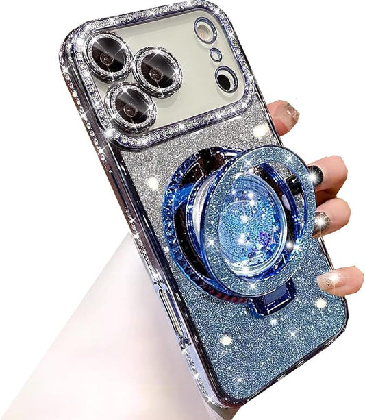 Glitter Kickstand Case for iPhone 17 Pro Max,Cute Bling Sparkly Diamond Rhinestones with Camera Lens Protector Liquid Flowing Ring Stand TPU Bumper Women Girls Case for iPhone 17 Pro Max,Blue