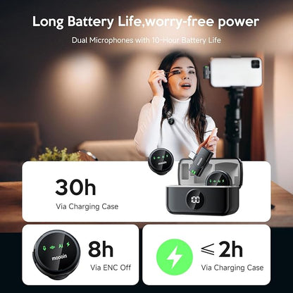 Wireless Lavalier Microphone for iPhone, with AI Noise Reduction – Plug-and-Play Clip-on Mic for iPhone/iPad/Android, Long Battery Life Mini Portable for Vlogging, Live Streaming, Interviews