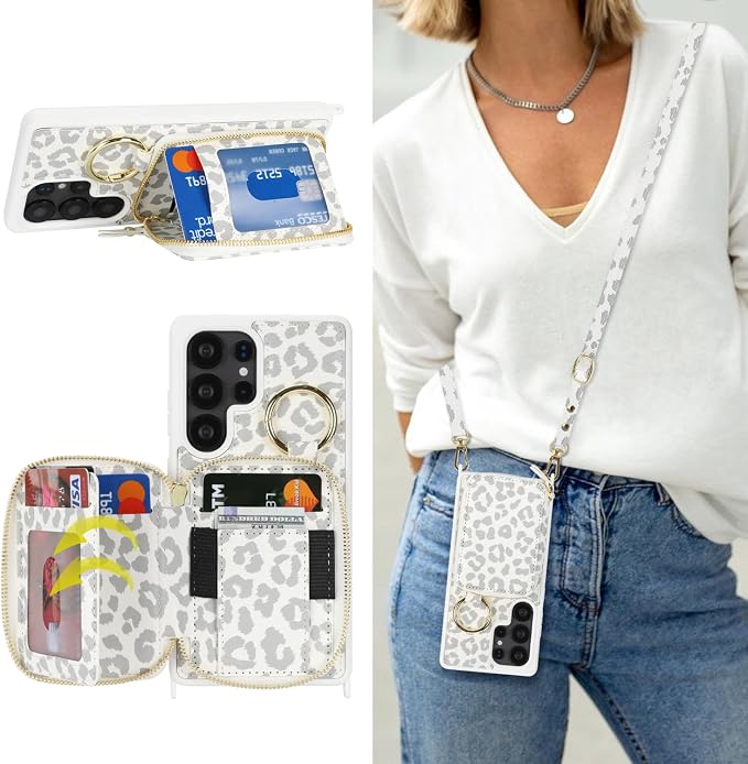 Crossbody Wallet Case for Galaxy S25 Ultra, PU Leather Zipper Handbag Purse Flip Cover, Kickstand Folio Case with Card Slots Holder Wrist Strap Lanyard -White Leopard
