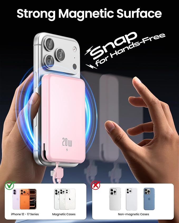 golioklsy Portable Charger Power Bank, 10000mAh Phone Charger with Built-in Cable, 20W PD Fast Charging, Slim Battery Pack with LED Display, Travel Essential for iPhone 17/16/15/14 All Series, Pink