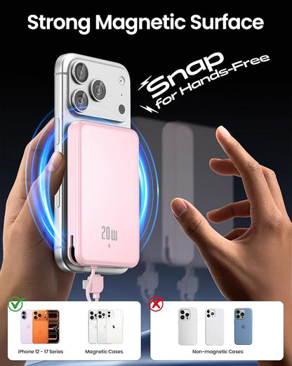 golioklsy Portable Charger Power Bank, 10000mAh Phone Charger with Built-in Cable, 20W PD Fast Charging, Slim Battery Pack with LED Display, Travel Essential for iPhone 17/16/15/14 All Series, Pink