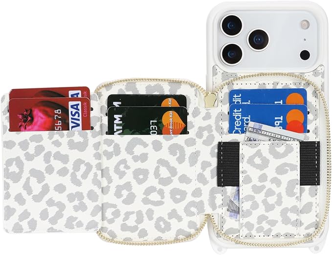 Crossbody Wallet Case for iPhone 17 Pro Max, PU Leather Zipper Handbag Purse Flip Cover, Kickstand Folio Case with Card Slots Holder Wrist Strap Lanyard 5G 6.9 Inch-White Leopard