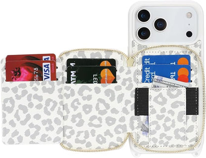 Crossbody Wallet Case for iPhone 17 Pro Max, PU Leather Zipper Handbag Purse Flip Cover, Kickstand Folio Case with Card Slots Holder Wrist Strap Lanyard 5G 6.9 Inch-White Leopard