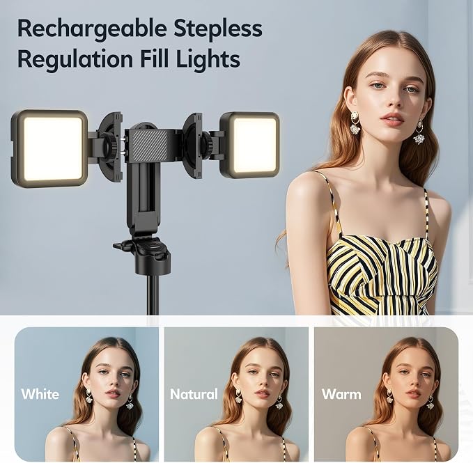 Magnetic Mini Selfie Stick for iPhone, 4 in 1 Portable Pocket Size Tripod for iPhone MagSafe/Android with Remote/Stepless Adjustable Fill Lights, Small/Compact Cell Phone Stand for Travel Vlog-Black