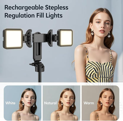 Magnetic Mini Selfie Stick for iPhone, 4 in 1 Portable Pocket Size Tripod for iPhone MagSafe/Android with Remote/Stepless Adjustable Fill Lights, Small/Compact Cell Phone Stand for Travel Vlog-Black
