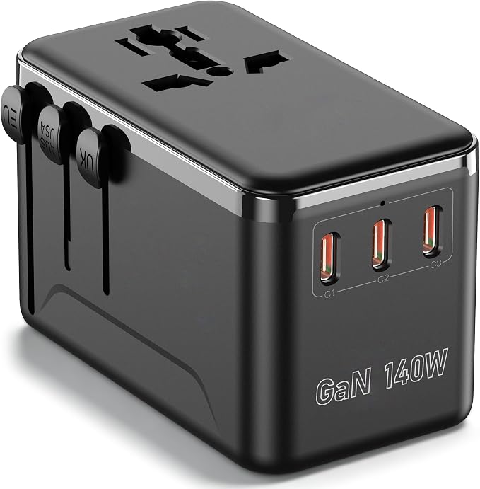 140W GaN Universal Travel Adapter, Laptop Charger International Power Adapter with 3 USB-C, USB-A & 2500W AC Outlet, Fast Charging for MacBook iPhone Samsung Laptop & More in 200+ Countries