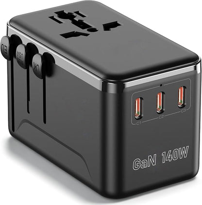 140W GaN Universal Travel Adapter, Laptop Charger International Power Adapter with 3 USB-C, USB-A & 2500W AC Outlet, Fast Charging for MacBook iPhone Samsung Laptop & More in 200+ Countries