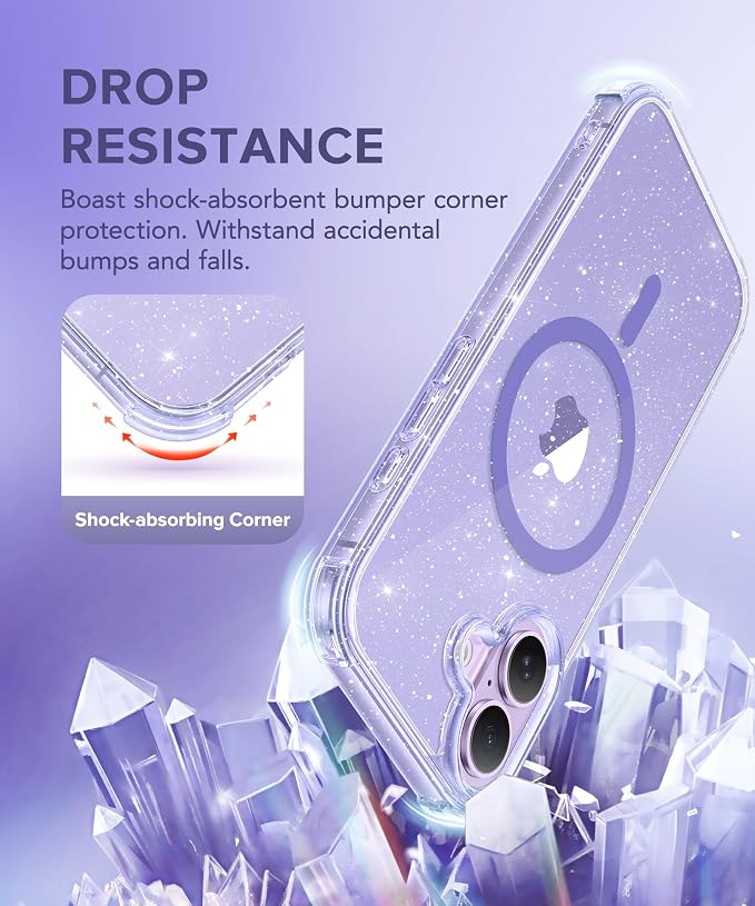 BERFY for iPhone 17 Case for Women, Clear Glitter Shockproof Protective Case, Anti-Yellowing, with Screen Protector & Camera Lens Protector 6.3", Magnetic Sparkle Purple
