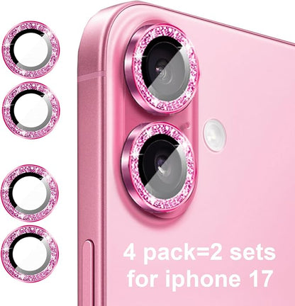 Compatible for iPhone 17/17 Pro/iPhone 17 Pro Max Camera Lens Protector Bling, Cute Sparkle Glitter Camera Cover for Women, Individual Ring, Anti-Scratch (3 Protectors + 1 Extra), Pink
