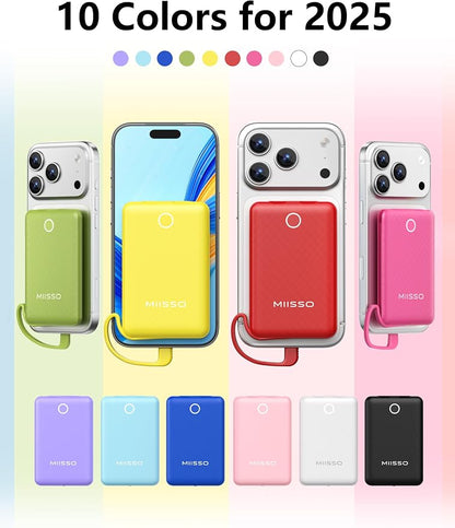 miisso 10000mAh Mini Portable Charger with Built in Cable, Pocket Size Power Bank Travel External Battery Pack for Phone, 3 Output USB Type C Cord Clutch Compatible with iPhone, Samsung, Black