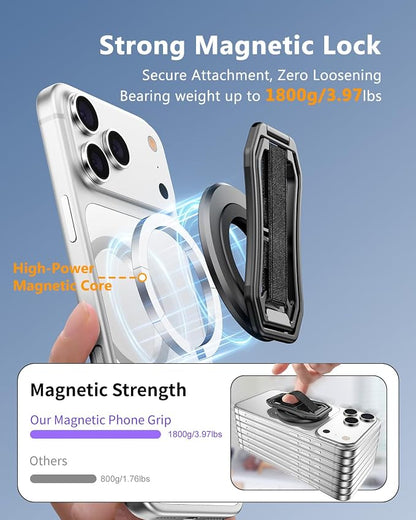 Oerwin for Magsafe Phone Grip Stand, 6-in-1 Magnetic Phone Holder for Magsafe Kickstand, 360° Rotation Phone Ring Holder with Elastic Strap, Compatible with iPhone 17/16/15/14/13/12 Series & Android