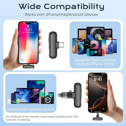 Wireless Lavalier Microphone for iPhone/Android, Lapel Mics with Lighting/USB-C Plug-Play, AI Noise Cancellation, 35H Battery Life, 164ft Range for Stream, Vlogging & Podcast, Magnetic Clip Mic