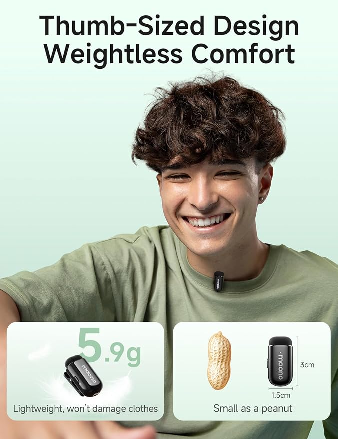MAONO Wave T1 Mini Wireless Lavalier Microphone for iPhone Android Phone PC, AI Noise Cancellation, 328ft Range, Voice Filter, 30H Battery, Clip Lapel Mic for Video Record Vlogging Content Creator