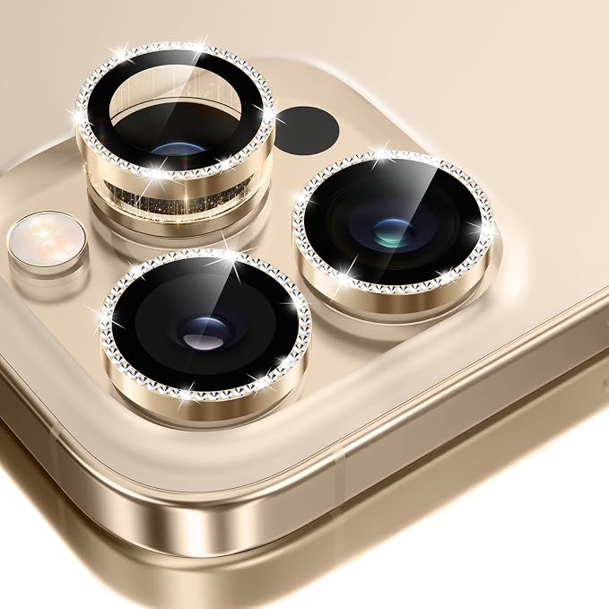 GolbinBox Camera Lens Protector for iPhone 13 Pro/13 Pro Max, 1:1 Invisible Fit, 9H Tempered Glass Ultra HD Metal Individual Camera Cover for Women, Case Friendly, Bling/Gold
