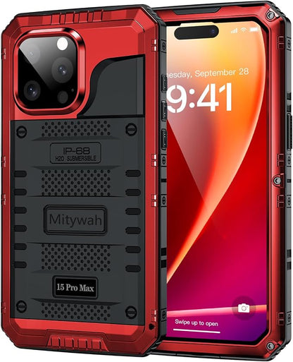 Mitywah Wateproof Case for iPhone 15 Pro Max, Heavy Duty Metal Cover for Surfing and Beach Trip, Military Grade Shockproof Full Body Phone Case with Built-in Screen Protector, 6.7", Red