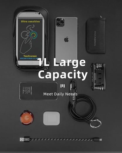 ROCKBROS Bike Phone Mount Bag Bike Front Frame Handlebar Bag Waterproof Bike Phone Holder Case Bicycle Accessories Pouch Sensitive Touch Screen Compatible with iPhone Below 6.5"