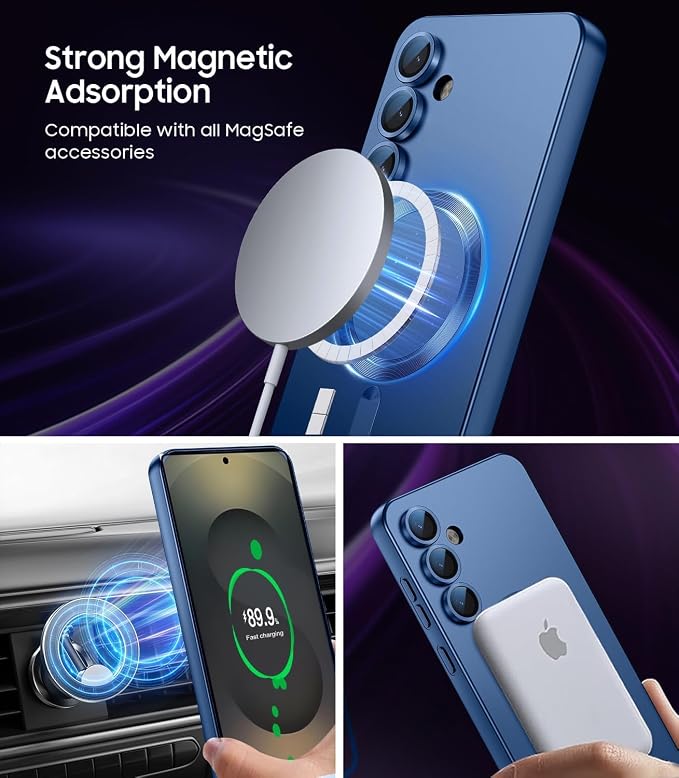 Magnetic for Samsung Galaxy S25 FE Case [Compatible with MagSafe][Built-in Camera Lens Protector] Slim Soft Silicone Bumper Shockproof Metallic Luster Phone Case, Blue