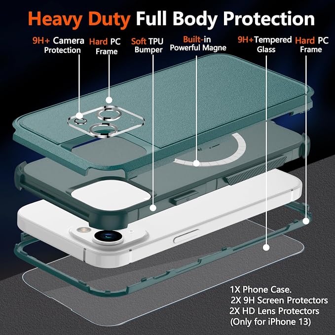 Diverbox for iPhone 13 Phone Case,iPhone 13 Magnetic Case [with Screen Protector & Camera Lens Protector ] Heavy Duty Phone Case for iPhone 13 (Magnetic Dark Green)