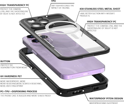 Compatible with iPhone 15 Pro 5G Waterproof Case 6.1 Inch, IP68 Protective with Magsafe, Camera/Lenses/Screen Protector, with Lanyard, Rugged Full Body Shockproof Cover Fundas Black-Clear