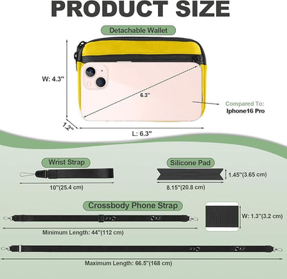 YFWE Clip and Go Strap for Phone with Wallet Crossbody, Adjustable Phone Lanyard with Detachable RFID Wristlet Wallet & Ultra-Thin 360° Rotatable Metal Tabs for All Smartphones (Yellow)