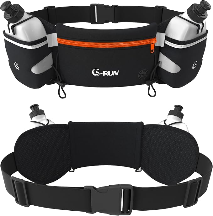 Q-RUN Hydration Running Belt with 2 x 10oz Water Bottles, No Bounce Adjustable Waist Belt for Men & Women, Marathon Running Gear
