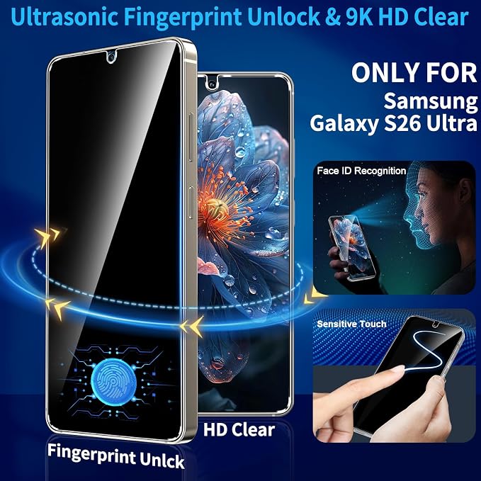 3 Pack Privacy Screen Protector for Samsung Galaxy S26 Ultra Tempered Glass + 2 Pack Camera Lens Protector, True 25°Anti Spy, Military Grade Shatterproof, 9H+ Hardness, Auto Alignment Frame 6.9"
