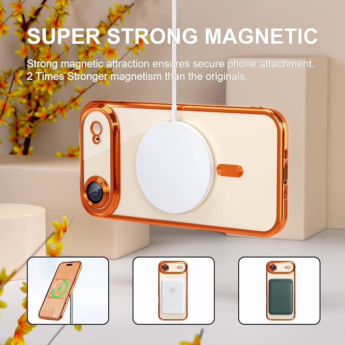 Misea Magnetic for iPhone 17 Air Case Compatible with MagSafe [Never Yellowing] [Military Grade Drop Protection] Full Camera Lens Protector Plating Soft Clear Phone Case for Women, Cosmic Orange