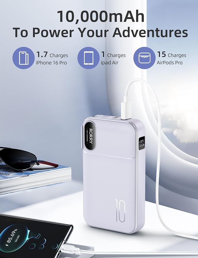 RORRY Portable Charger w/Wall Plug 10000mAh Power Bank 22.5W Battery Pack | Built in Cables, Fast Charging, for iPhone, iPad, Samsung Galaxy, Pixel, LG, Travel Essential, Digital Display, Pocket Size