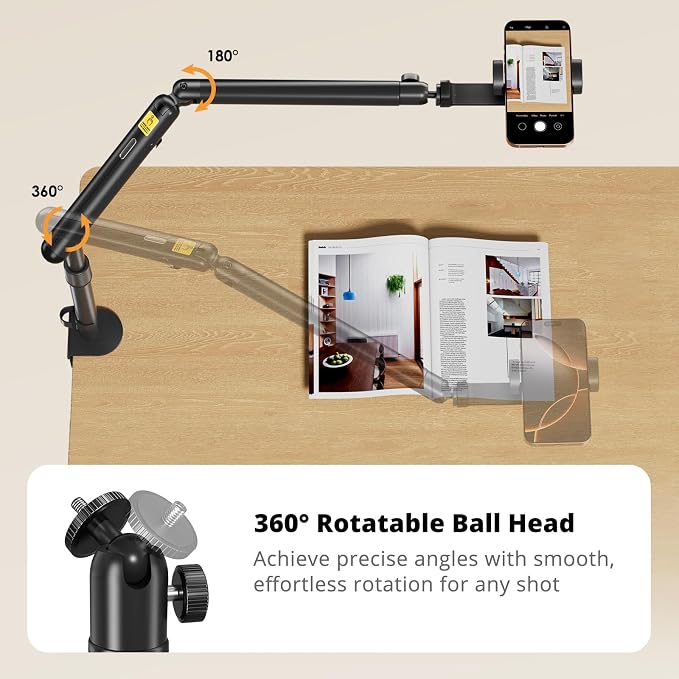 Overhead Camera Mount, Adjustable Desk Mount with Flexible Aluminum Spring Arm, 360° Ball Head, 1/4" 3/8" Screw & Phone Clamp for DSLR Cameras, Light, Heavy Microphones, and Smartphones